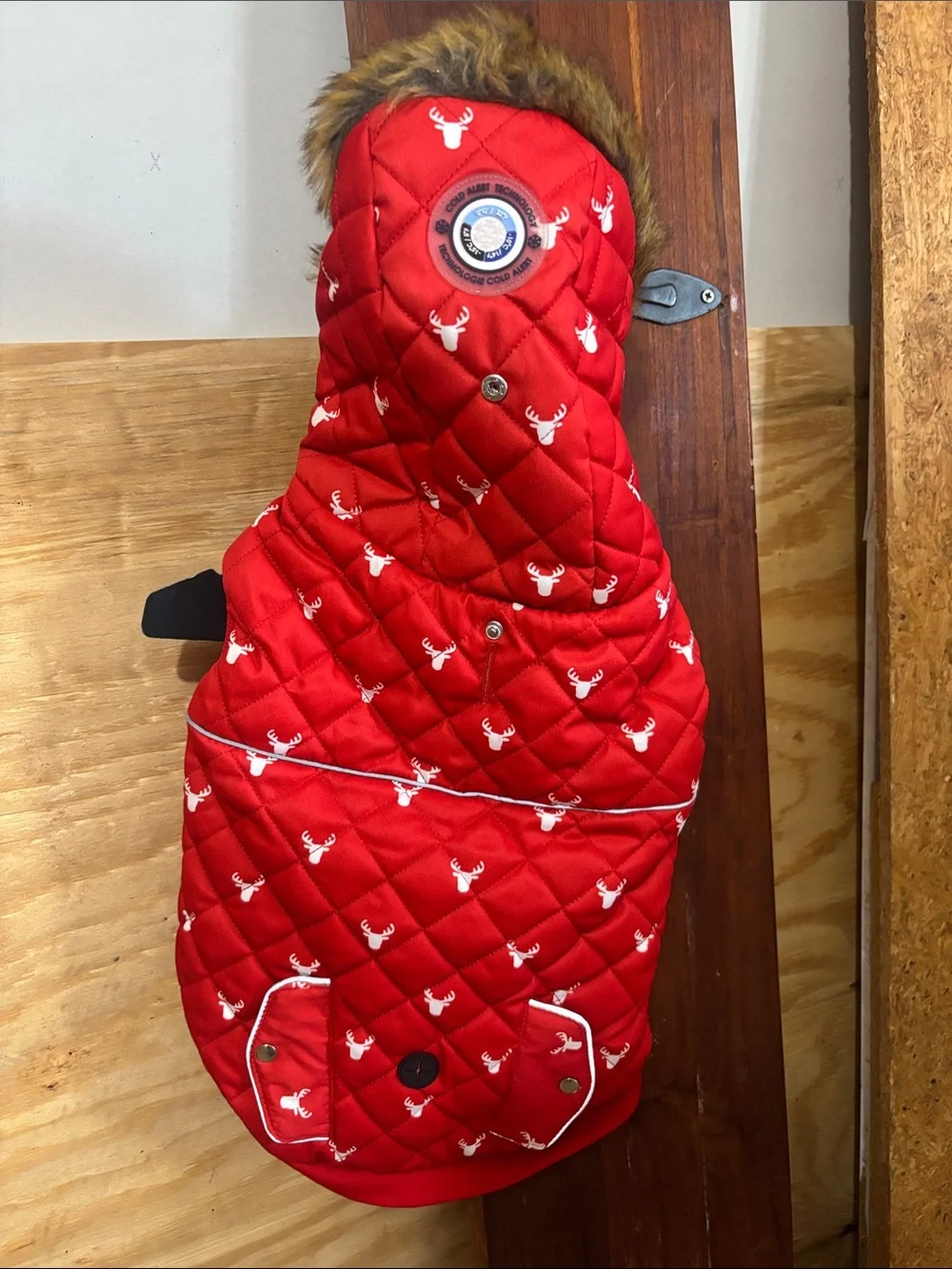 Red Quilted Puffer Jacket with Deer Print